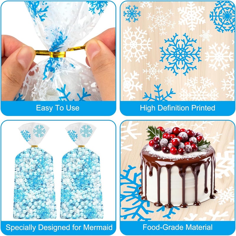 Litmitfu 100 Pcs Winter Snowflake Treat Bags - Christmas Gift Bags, Blue White Plastic Snowflakes Cello Candy Goodie Cookie Snack Cellophane Bag with Twist Ties for Xmas Holiday Winter Wonderland Party Favors - Image 5